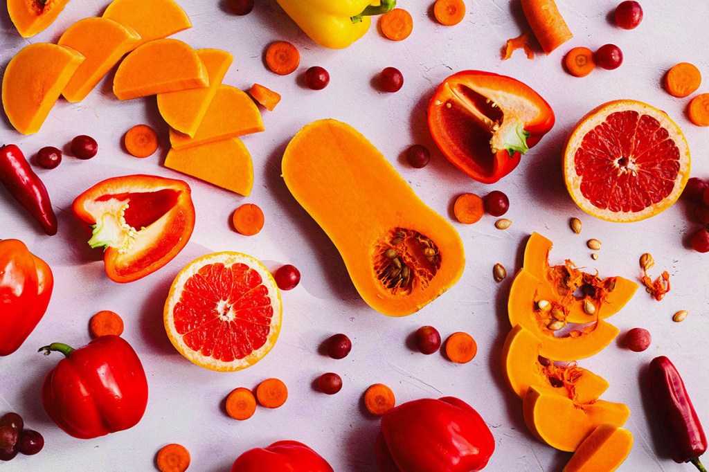 Butternut squash sliced, blood orange, red pepper and carrot slices.