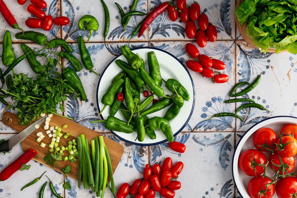 Padron green peppers, tomatoes, cherry tomatoes, spring onions and parsley on the blue patterned tiles.