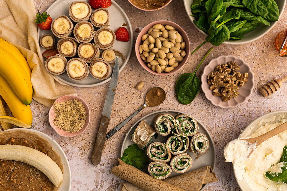 Breakfast recipes for french crepes with buckwheat flour, ricotta,walnuts,peanut butter,spinach. 