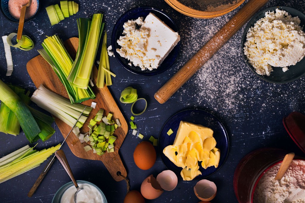 Ingredients for the Balkan-style leek and cheese pie