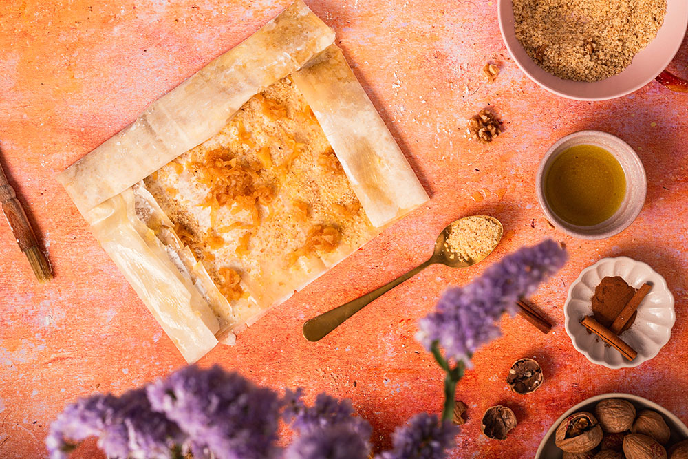 Apple and walnut filo pie Balkan style, filo sheets.