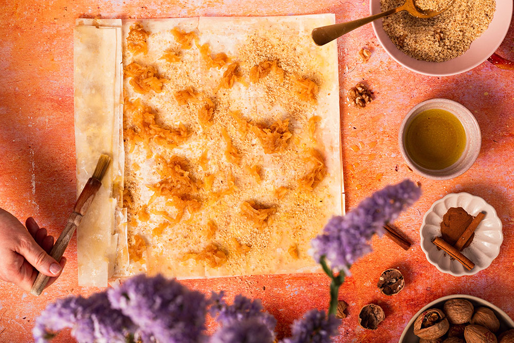 Apple and walnut filo pie Balkan style, filo sheets.