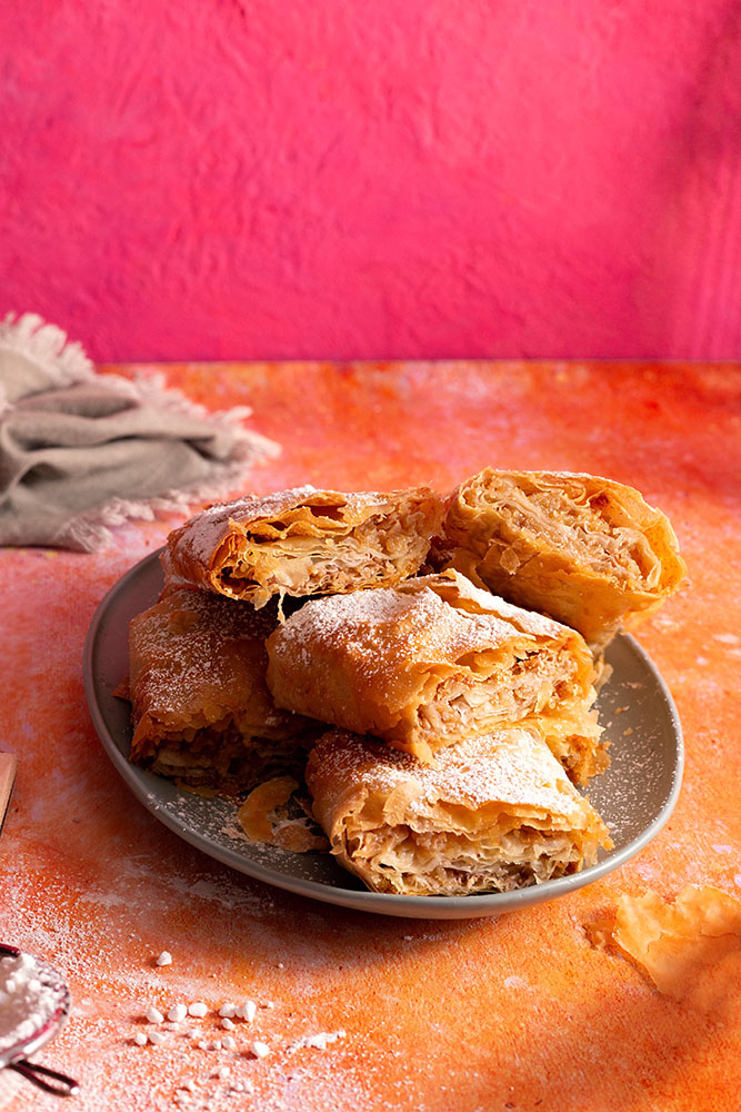 Apple and walnut filo pie Balkan style, filo sheets.