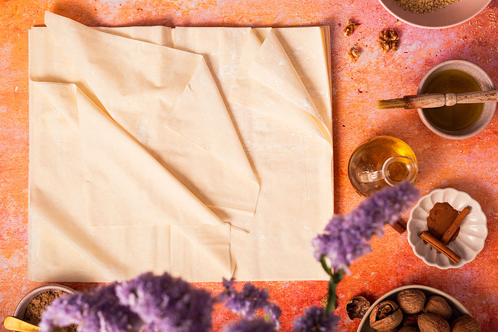 Shop-bought filo pastry sheets.