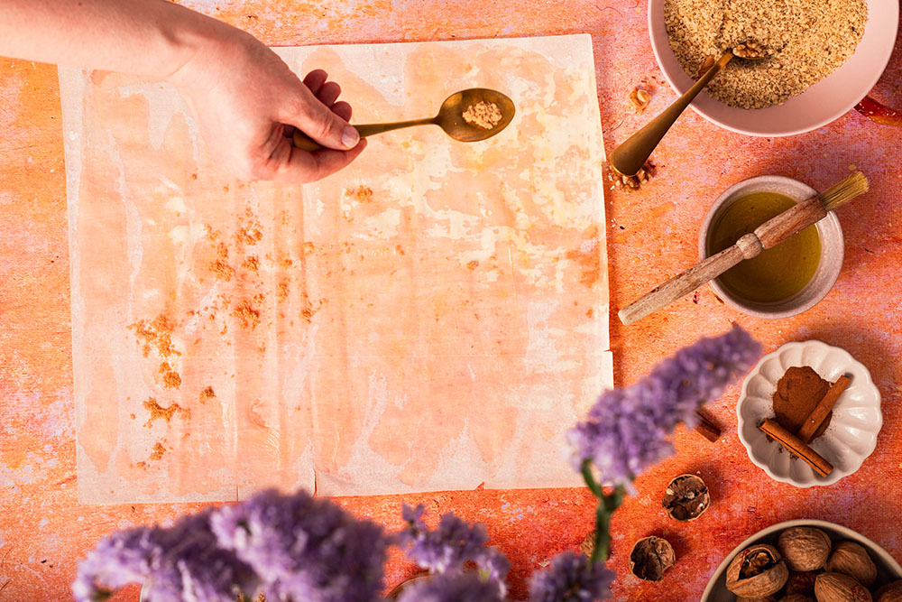 Apple and walnut filo pie Balkan style, filo sheets.