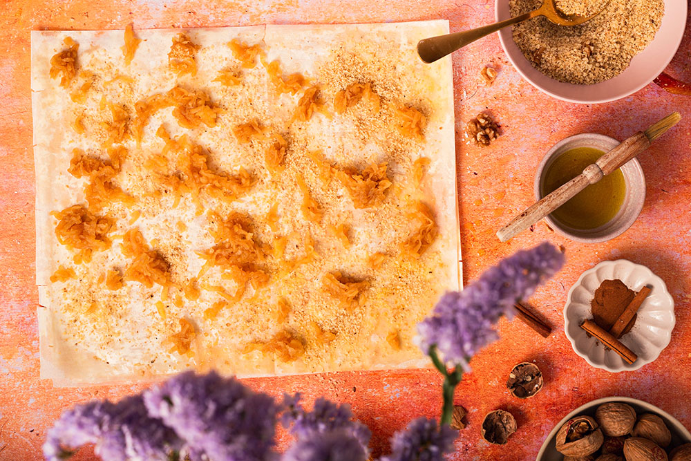 Apple and walnut filo pie Balkan style, filo sheets.