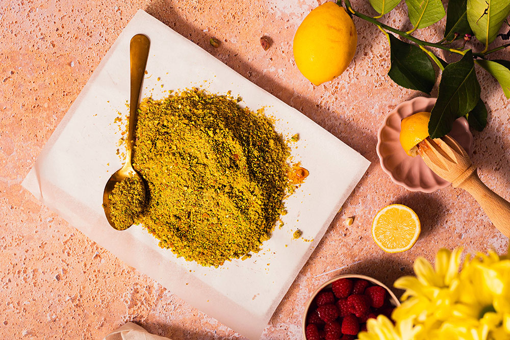 Ground pistachio praline.