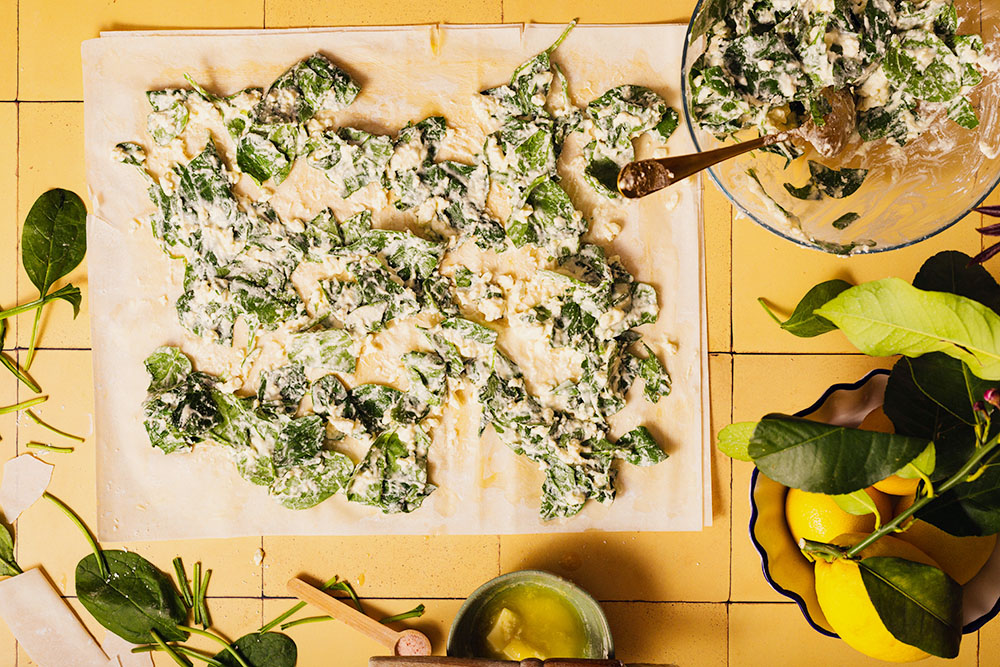Spinach and feta cheese filo pie Balkan style with shop-bought filo pastry.