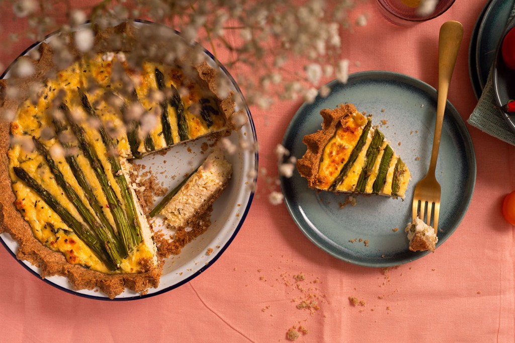 Asparagus and Feta Cheese Tart with Wholemeal Crust, slices on the plate.