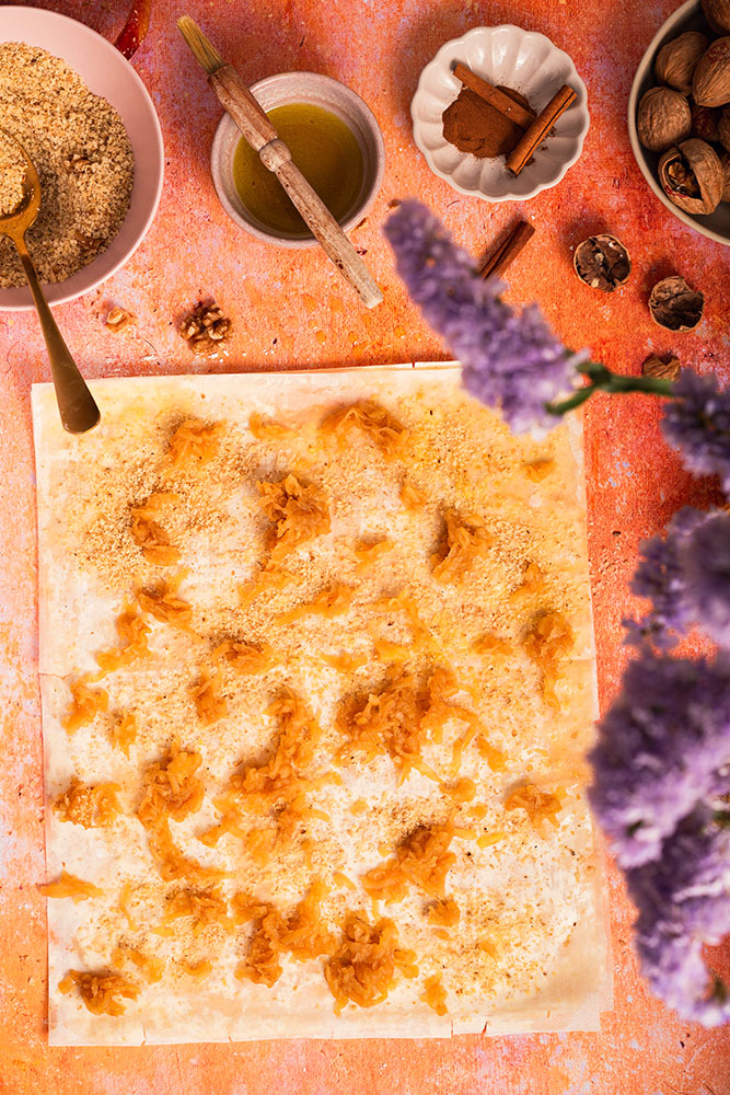 Walnuts and apple filo pie in the process.