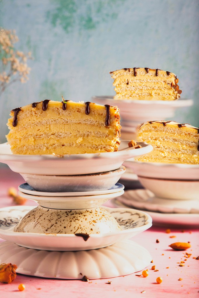 Esterhazy torte slices on the plates.
