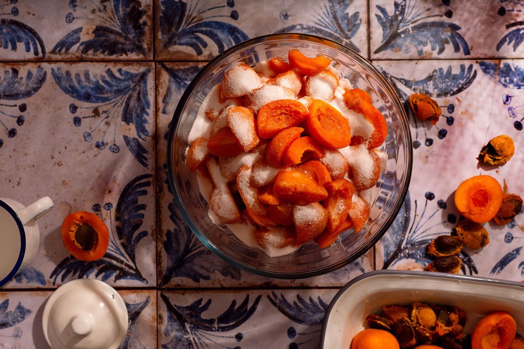Chopped apricot coated in sugar ready for apricot jam.